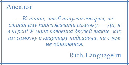 
    — Кстати, чтоб попугай говорил, не стоит ему подсаживать самочку. — Да, я в курсе! У меня половина друзей такие, как им самочку в квартиру подсадили, ни с кем не общаются.