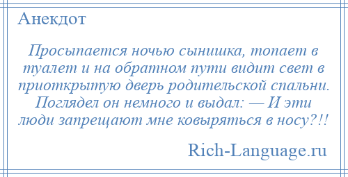 
    Просыпается ночью сынишка, топает в туалет и на обратном пути видит свет в приоткрытую дверь родительской спальни. Поглядел он немного и выдал: — И эти люди запрещают мне ковыряться в носу?!!