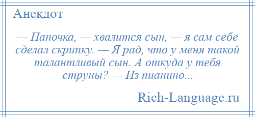 
    — Папочка, — хвалится сын, — я сам себе сделал скрипку. — Я рад, что у меня такой талантливый сын. А откуда у тебя струны? — Из пианино...