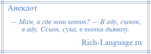 
    — Мам, а где наш котик? — В аду, сынок, в аду. Ссыт, сука, в тапки дьяволу.