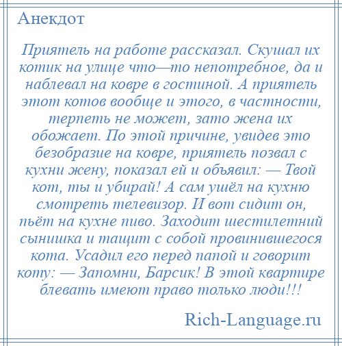 
    Приятель на работе рассказал. Скушал их котик на улице что—то непотребное, да и наблевал на ковре в гостиной. А приятель этот котов вообще и этого, в частности, терпеть не может, зато жена их обожает. По этой причине, увидев это безобразие на ковре, приятель позвал с кухни жену, показал ей и объявил: — Твой кот, ты и убирай! А сам ушёл на кухню смотреть телевизор. И вот сидит он, пьёт на кухне пиво. Заходит шестилетний сынишка и тащит с собой провинившегося кота. Усадил его перед папой и говорит коту: — Запомни, Барсик! В этой квартире блевать имеют право только люди!!!