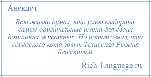 
    Всю жизнь думал, что умею выбирать самые оригинальные имена для своих домашних животных. Но потом узнал, что соседского кота зовут Техасская Рыжня Бензопилой.