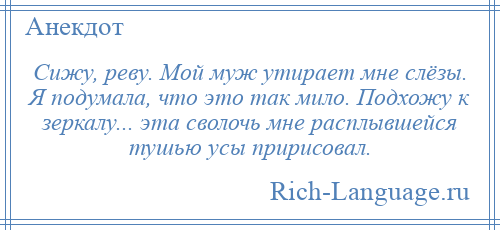 
    Сижу, реву. Мой муж утирает мне слёзы. Я подумала, что это так мило. Подхожу к зеркалу... эта сволочь мне расплывшейся тушью усы пририсовал.