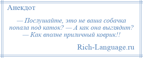 
    — Послушайте, это не ваша собачка попала под каток? — А как она выглядит? — Как вполне приличный коврик!!