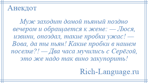 
    Муж заходит домой пьяный поздно вечером и обращается к жене: — Люся, извини, опоздал, такие пробки ужас! — Вова, да ты пьян! Какие пробки в нашем поселке?! — Два часа мучились с Серёгой, это же надо так вино закупорить!