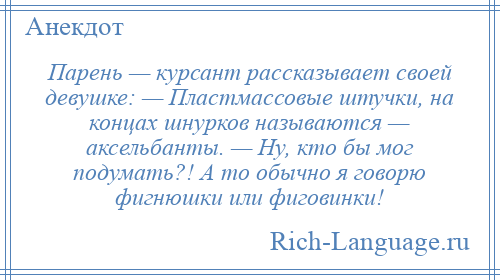 
    Парень — курсант рассказывает своей девушке: — Пластмассовые штучки, на концах шнурков называются — аксельбанты. — Ну, кто бы мог подумать?! А то обычно я говорю фигнюшки или фиговинки!