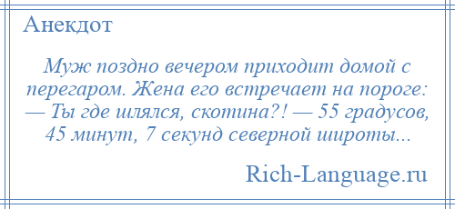 
    Муж поздно вечером приходит домой с перегаром. Жена его встречает на пороге: — Ты где шлялся, скотина?! — 55 градусов, 45 минут, 7 секунд северной широты...