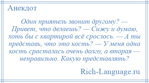 
    Один приятель звонит другому? — Привет, что делаешь? — Сижу и думаю, хоть бы с квартирой всё срослось. — А ты представь, что это кость? — У меня одна кость срасталась очень долго, а вторая — неправильно. Какую представлять?