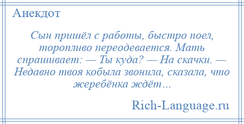 
    Сын пришёл с работы, быстро поел, торопливо переодевается. Мать спрашивает: — Ты куда? — На скачки. — Недавно твоя кобыла звонила, сказала, что жеребёнка ждёт…