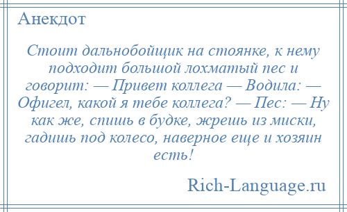 
    Стоит дальнобойщик на стоянке, к нему подходит большой лохматый пес и говорит: — Привет коллега — Водила: — Офигел, какой я тебе коллега? — Пес: — Ну как же, спишь в будке, жрешь из миски, гадишь под колесо, наверное еще и хозяин есть!