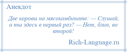 
    Две коровы на мясокомбинате: — Слушай, а ты здесь в первый раз? — Нет, блин, во второй!