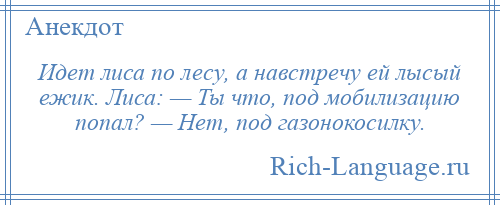 
    Идет лиса по лесу, а навстречу ей лысый ежик. Лиса: — Ты что, под мобилизацию попал? — Нет, под газонокосилку.