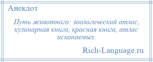 
    Путь животного: зоологический атлас, кулинарная книга, красная книга, атлас ископаемых.