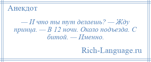 
    — И что ты тут делаешь? — Жду принца. — В 12 ночи. Около подъезда. С битой. — Именно.