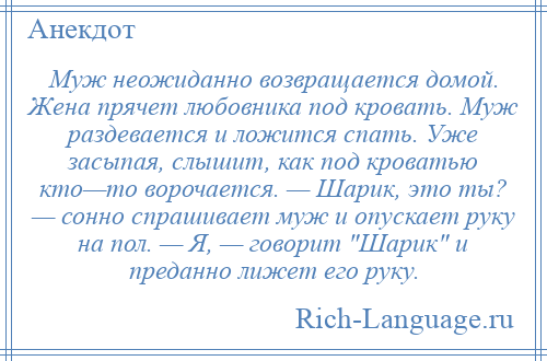 
    Муж неожиданно возвращается домой. Жена прячет любовника под кровать. Муж раздевается и ложится спать. Уже засыпая, слышит, как под кроватью кто—то ворочается. — Шарик, это ты? — сонно спрашивает муж и опускает руку на пол. — Я, — говорит Шарик и преданно лижет его руку.