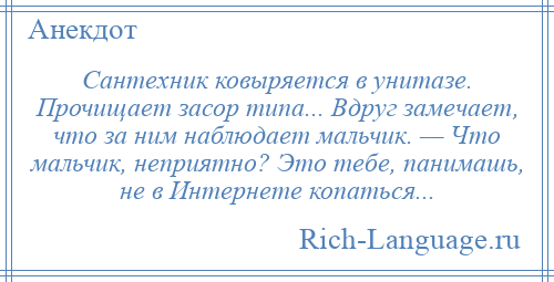 
    Сантехник ковыряется в унитазе. Прочищает засор типа... Вдруг замечает, что за ним наблюдает мальчик. — Что мальчик, неприятно? Это тебе, панимашь, не в Интернете копаться...