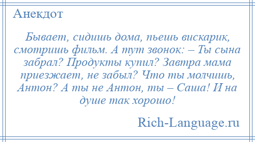 
    Бывает, сидишь дома, пьешь вискарик, смотришь фильм. А тут звонок: – Ты сына забрал? Продукты купил? Завтра мама приезжает, не забыл? Что ты молчишь, Антон? А ты не Антон, ты – Саша! И на душе так хорошо!