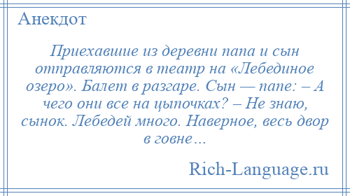 
    Приехавшие из деревни папа и сын отправляются в театр на «Лебединое озеро». Балет в разгаре. Сын — папе: – А чего они все на цыпочках? – Не знаю, сынок. Лебедей много. Наверное, весь двор в говне…