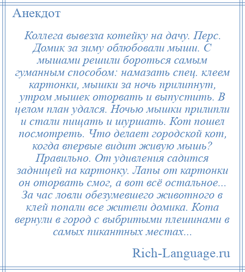 
    Коллега вывезла котейку на дачу. Перс. Домик за зиму облюбовали мыши. С мышами решили бороться самым гуманным способом: намазать спец. клеем картонки, мышки за ночь прилипнут, утром мышек оторвать и выпустить. В целом план удался. Ночью мышки прилипли и стали пищать и шуршать. Кот пошел посмотреть. Что делает городской кот, когда впервые видит живую мышь? Правильно. От удивления садится задницей на картонку. Лапы от картонки он оторвать смог, а вот всё остальное... За час ловли обезумевшего животного в клей попали все жители домика. Кота вернули в город с выбритыми плешинами в самых пикантных местах...