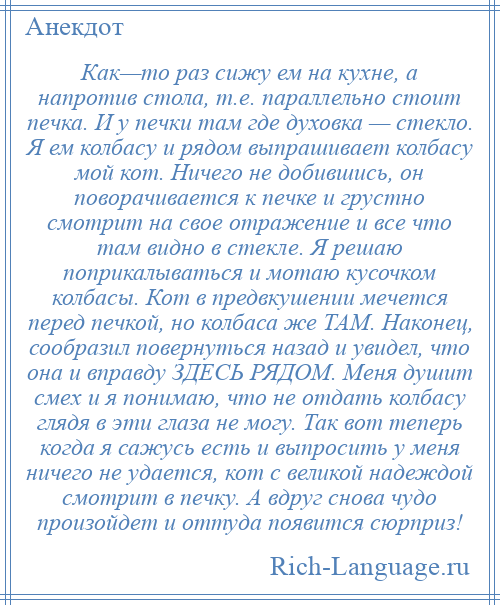 
    Как—то раз сижу ем на кухне, а напротив стола, т.е. параллельно стоит печка. И у печки там где духовка — стекло. Я ем колбасу и рядом выпрашивает колбасу мой кот. Ничего не добившись, он поворачивается к печке и грустно смотрит на свое отражение и все что там видно в стекле. Я решаю поприкалываться и мотаю кусочком колбасы. Кот в предвкушении мечется перед печкой, но колбаса же ТАМ. Наконец, сообразил повернуться назад и увидел, что она и вправду ЗДЕСЬ РЯДОМ. Меня душит смех и я понимаю, что не отдать колбасу глядя в эти глаза не могу. Так вот теперь когда я сажусь есть и выпросить у меня ничего не удается, кот с великой надеждой смотрит в печку. А вдруг снова чудо произойдет и оттуда появится сюрприз!