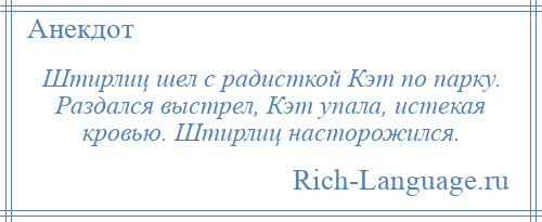 
    Штирлиц шел с радисткой Кэт по парку. Раздался выстрел, Кэт упала, истекая кровью. Штирлиц насторожился.