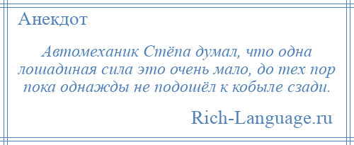 
    Автомеханик Стёпа думал, что одна лошадиная сила это очень мало, до тех пор пока однажды не подошёл к кобыле сзади.