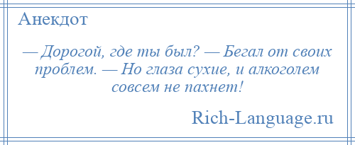 
    — Дорогой, где ты был? — Бегал от своих проблем. — Но глаза сухие, и алкоголем совсем не пахнет!