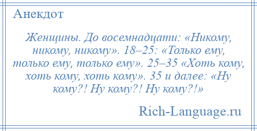 
    Женщины. До восемнадцати: «Никому, никому, никому». 18–25: «Только ему, только ему, только ему». 25–35 «Хоть кому, хоть кому, хоть кому». 35 и далее: «Ну кому?! Ну кому?! Ну кому?!»