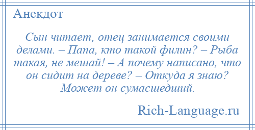 
    Сын читает, отец занимается своими делами. – Папа, кто такой филин? – Рыба такая, не мешай! – А почему написано, что он сидит на дереве? – Откуда я знаю? Может он сумасшедший.