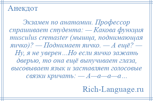 
    Экзамен по анатомии. Профессор спрашивает студента: — Какова функция musculus cremaster (мышца, поднимающая яичко)? — Поднимает яичко. — А ещё? — Ну, я не уверен…Но если яичко зажать дверью, то она ещё выпучивает глаза, высовывает язык и заставляет голосовые связки кричать: — А—а—а—а…