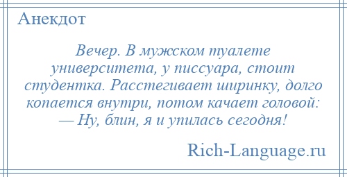 
    Вечер. В мужском туалете университета, у писсуара, стоит студентка. Расстегивает ширинку, долго копается внутри, потом качает головой: — Ну, блин, я и упилась сегодня!