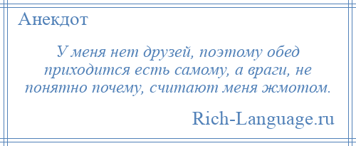 
    У меня нет друзей, поэтому обед приходится есть самому, а враги, не понятно почему, считают меня жмотом.