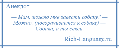 
    — Мам, можно мне завести собаку? — Можно. (поворачивается к собаке) — Собака, а ты секси.