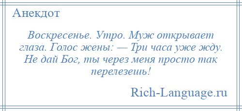 
    Воскресенье. Утро. Муж открывает глаза. Голос жены: — Три часа уже жду. Не дай Бог, ты через меня просто так перелезешь!