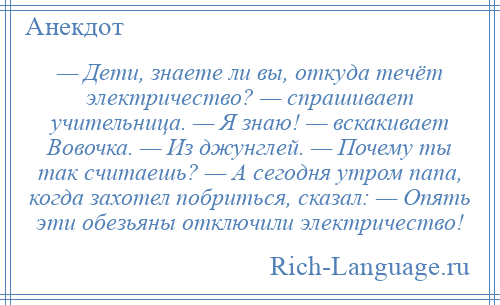 
    — Дети, знаете ли вы, откуда течёт электричество? — спрашивает учительница. — Я знаю! — вскакивает Вовочка. — Из джунглей. — Почему ты так считаешь? — А сегодня утром папа, когда захотел побриться, сказал: — Опять эти обезьяны отключили электричество!