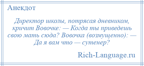 
    Директор школы, потрясая дневником, кричит Вовочке: — Когда ты приведешь свою мать сюда? Вовочка (возмущенно): — Да я вам что — сутенер?