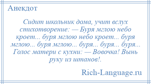 
    Сидит школьник дома, учит вслух стихотворение: — Буря мглою небо кроет... буря мглою небо кроет... буря мглою... буря мглою... буря... буря... буря... Голос матери с кухни: — Вовочка! Вынь руку из штанов!.