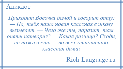 
    Приходит Вовочка домой и говорит отцу: — Па, тебя наша новая классная в школу вызывает. — Чего же ты, паразит, там опять натворил? — Какая разница? Сходи, не пожалеешь — во всех отношениях классная дама!