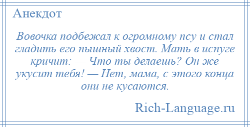 
    Вовочка подбежал к огромному псу и стал гладить его пышный хвост. Мать в испуге кричит: — Что ты делаешь? Он же укусит тебя! — Hет, мама, с этого конца они не кусаются.
