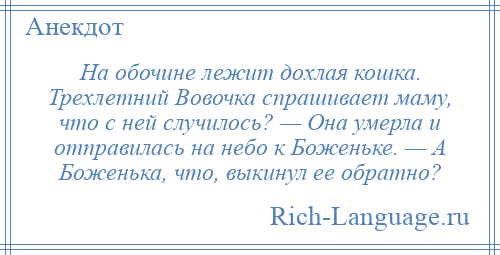 
    Hа обочине лежит дохлая кошка. Трехлетний Вовочка спрашивает маму, что с ней случилось? — Она умерла и отправилась на небо к Боженьке. — А Боженька, что, выкинул ее обратно?