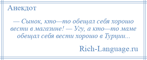 
    — Сынок, кто—то обещал себя хорошо вести в магазине! — Угу, а кто—то маме обещал себя вести хорошо в Турции...