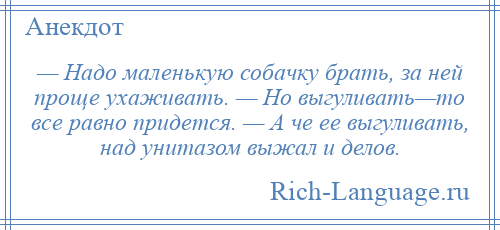 
    — Надо маленькую собачку брать, за ней проще ухаживать. — Но выгуливать—то все равно придется. — А че ее выгуливать, над унитазом выжал и делов.