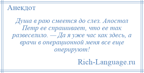 
    Душа в раю смеется до слез. Апостол Петр ее спрашивает, что ее так развеселило. — Да я уже час как здесь, а врачи в операционной меня все еще оперируют!