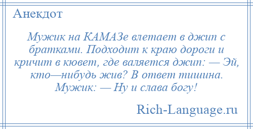 
    Мужик на КАМАЗе влетает в джип с братками. Подходит к краю дороги и кричит в кювет, где валяется джип: — Эй, кто—нибудь жив? В ответ тишина. Мужик: — Ну и слава богу!