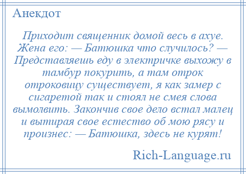 
    Приходит священник домой весь в ахуе. Жена его: — Батюшка что случилось? — Представляешь еду в электричке выхожу в тамбур покурить, а там отрок отроковицу существует, я как замер с сигаретой так и стоял не смея слова вымолвить. Закончив свое дело встал малец и вытирая свое естество об мою рясу и произнес: — Батюшка, здесь не курят!