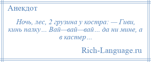 
    Ночь, лес, 2 грузина у костра: — Гиви, кинь палку… Вай—вай—вай… да ни мине, а в кастер…