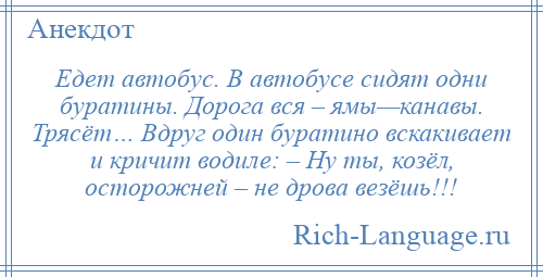 
    Едет автобус. В автобусе сидят одни буратины. Дорога вся – ямы—канавы. Трясёт… Вдруг один буратино вскакивает и кричит водиле: – Ну ты, козёл, осторожней – не дрова везёшь!!!