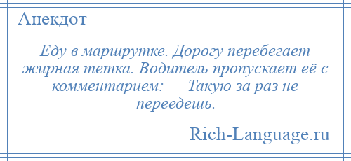 
    Еду в маршрутке. Дорогу перебегает жирная тетка. Водитель пропускает её с комментарием: — Такую за раз не переедешь.