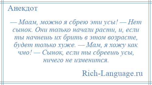 
    — Маам, можно я сбрею эти усы! — Нет сынок. Они только начали расти, и, если ты начнешь их брить в этом возрасте, будет только хуже. — Мам, я хожу как чмо! — Сынок, если ты сбреешь усы, ничего не изменится.