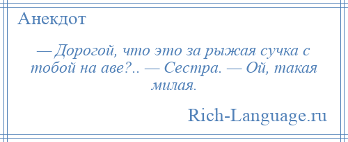 
    — Дорогой, что это за рыжая сучка с тобой на аве?.. — Сестра. — Ой, такая милая.